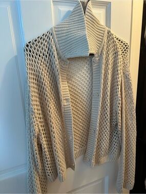 Cream Open-Weave Button Cardigan Sweater